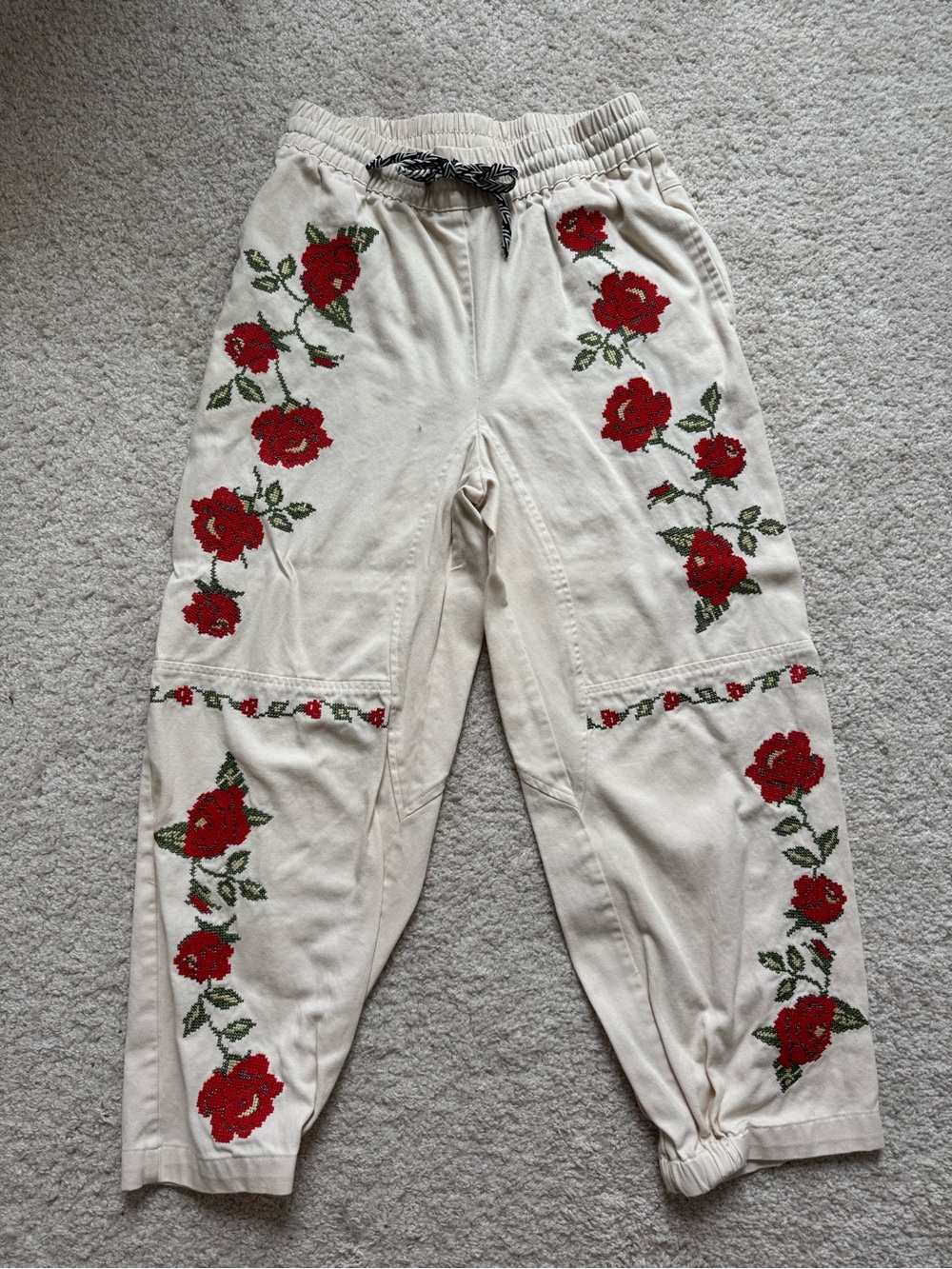 Cream Floral Embroidered Joggers with Red Roses